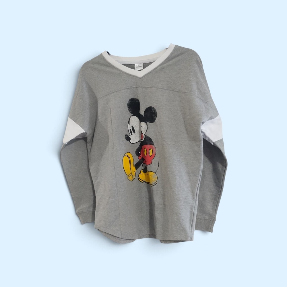 Disney Mickey Mouse V-Neck Sweatshirt Gray White Stripe Graphic Pullover XL